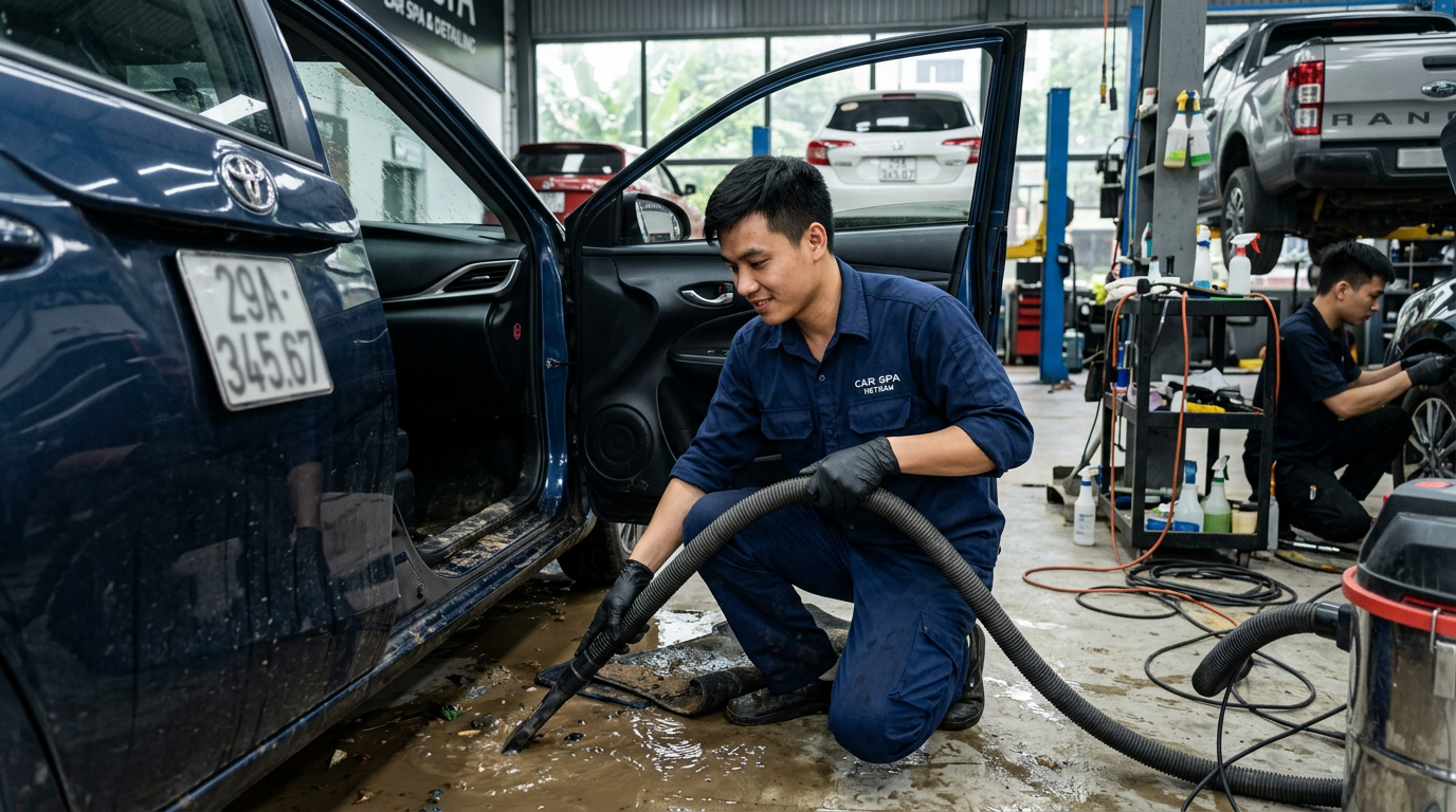 Vệ sinh nội thất ô tô bị ngập nước triệt ẩm mốc hôi mùi | Mcar Pro