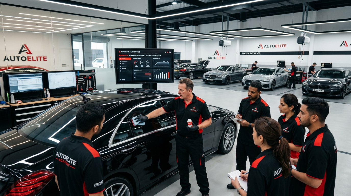 A hyper-realistic, cinematic wide shot of a state-of-the-art, premium automotive service center. In the foreground, a professional expert in a sleek black and red uniform is teaching advanced car detailing and ceramic coating on a luxury vehicle to a group of attentive students. In the background, a modern, well-organized garage setup with high-tech diagnostic screens displaying operational management software dashboards. The environment is clean, brightly lit with architectural LED lighting. The color palette features professional blacks, whites, and striking red accents. Franchise business concept, high-tech automotive industry, 8k resolution, photorealistic, ultra-detailed, --ar 16:9

Ý nghĩa các chi tiết:

A hyper-realistic, cinematic wide shot...: Tạo góc máy rộng, chân thực và mang đậm chất điện ảnh của một trung tâm dịch vụ ô tô cao cấp.
Teaching advanced car detailing...: Thể hiện mảng Dịch vụ 01 (Đào tạo) với hình ảnh chuyên gia đang hướng dẫn học viên chăm sóc xe.