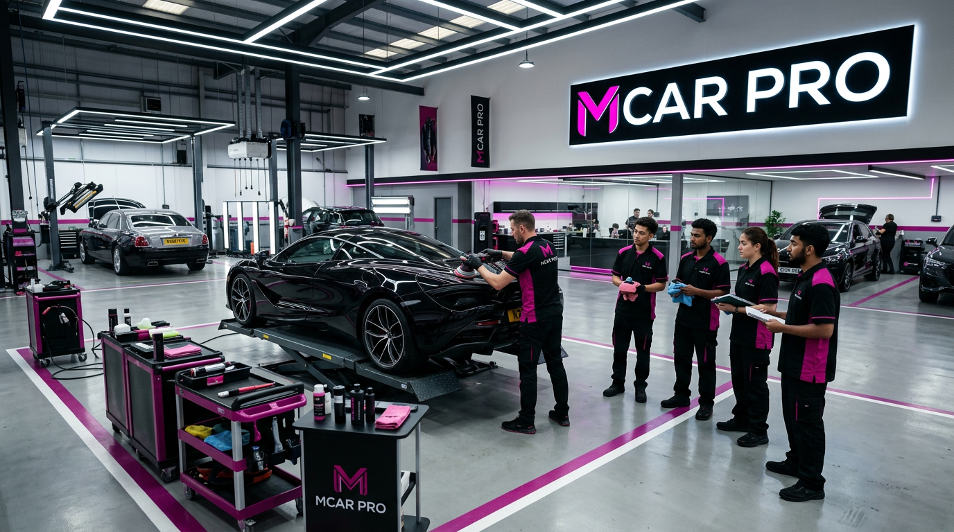 A hyper-realistic, cinematic wide shot of a state-of-the-art premium automotive service center. The prominent glowing signage on the wall clearly reads 'MCAR PRO'. In the foreground, a professional expert in a sleek black and magenta uniform is teaching advanced car detailing on a luxury vehicle to attentive students. The environment is clean, brightly lit with architectural LED lighting. The color palette features professional blacks, whites, and striking magenta accents reflecting the brand identity. 8k resolution, photorealistic, ultra-detailed, --ar 16:9

Những điểm mới được bổ sung:

The prominent glowing signage on the wall clearly reads 'MCAR PRO': Yêu cầu AI vẽ bảng hiệu phát sáng rõ chữ "MCAR PRO" trên tường.
Sleek black and magenta uniform: Đồng phục màu đen và hồng magenta (màu của logo MCar Pro).
Striking magenta accents reflecting the brand identity: Nhấn mạnh các chi tiết màu hồng magenta để phản ánh đúng nhận diện thương hiệu.
