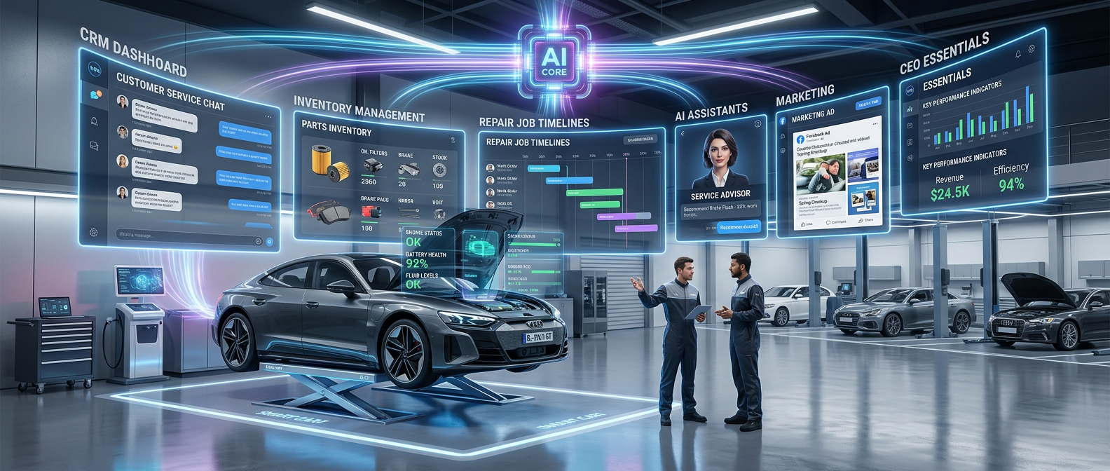 A panoramic web banner for McarPro app. The scene dynamically blends a futuristic, clean automotive service center (garage) with a sophisticated digital ecosystem. In the foreground, a sleek, modern car is elevated on a smart lift, with holographic diagnostics data overlaying its engine bay. Seamlessly integrated around this are glowing, transparent screens depicting McarPro's modules: a CRM dashboard with customer service chat bubbles, an inventory screen showing auto parts, and a project timeline for repair jobs. Overlaying these, subtle visual cues represent the AI assistants: a "service advisor" avatar providing recommendations, a "marketing" AI generating captivating visuals and text, and a "CEO assistant" dashboard summarizing key performance indicators. Data streams, represented by luminous lines in blues and purples, connect all elements, flowing from the garage floor up to a central, glowing AI core. The environment is bright, organized, and high-tech, emphasizing efficiency and innovation. Sharp focus, cinematic lighting, high detail, photorealistic render.
--ar 21:9 --v 5.2 --style raw --s 750 --q 2
Giải thích:
A panoramic web banner for McarPro app.: Định dạng banner web rộng.
The scene dynamically blends a futuristic, clean automotive service center (garage) with a sophisticated digital ecosystem.: Tạo bối cảnh chính là một gara ô tô hiện đại, kết hợp với không gian kỹ thuật số.
In the foreground, a sleek, modern car is elevated on a smart lift, with holographic diagnostics data overlaying its engine bay.: Trực quan hóa tính năng quản lý gara và chẩn đoán thông minh bằng AI.
Seamlessly integrated around this are glowing, transparent screens depicting McarPro's modules: a CRM dashboard with customer service chat bubbles, an inventory screen showing auto parts, and a project timeline for repair jobs.: Minh họa các tính năng quản lý cốt lõi (CRM, kho phụ tùng, dự án sửa chữa) trong ngữ cảnh gara.
Overlaying these, subtle visual cues represent the AI assistants: a "service advisor" avatar providing recommendations, a "marketing" AI generating captivating visuals and text, and a "CEO assistant" dashboard summarizing key performance indicators.: Trực quan hóa vai trò của các trợ lý AI (cố vấn dịch vụ, marketing, CEO) thông qua các hình ảnh gợi ý tinh tế.
Data streams, represented by luminous lines in blues and purples, connect all elements, flowing from the garage floor up to a central, glowing AI core.: Nhấn mạnh sự kết nối dữ liệu toàn diện và AI là trung tâm điều khiển.
The environment is bright, organized, and high-tech, emphasizing efficiency and innovation.: Tạo không gian làm việc chuyên nghiệp, hiệu quả.
Sharp focus, cinematic lighting, high detail, photorealistic render.: Đảm bảo hình ảnh sắc nét, chi tiết, chất lượng cao.
--ar 21:9: Tỷ lệ khung hình rộng, lý tưởng cho banner web.
--v 5.2 --style raw --s 750 --q 2: Các tham số kỹ thuật để tạo ra hình ảnh chất lượng cao, sắc nét và chi tiết trên Midjourney.