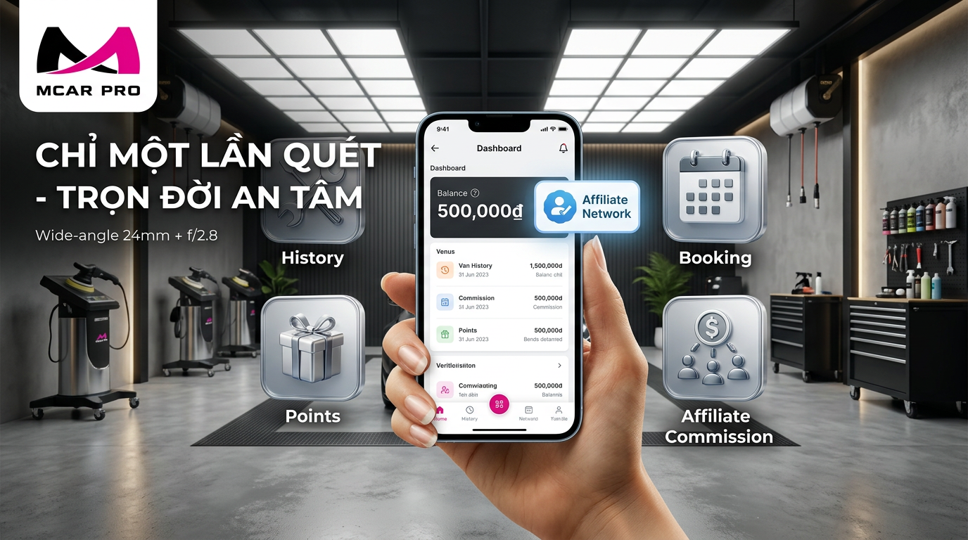 ompt: A 16:9 professional marketing banner for "Mcar Pro". Top left corner features the logo (M-Pink and Black theme). In the center, a digital smartphone screen showing a dashboard with "500,000đ" balance and an Affiliate Network icon. The background is a luxury auto detailing studio. Around the phone are floating 3D icons: a car wrench (History), a gift box (Points), a calendar (Booking), and a dollar sign connected to people (Affiliate Commission). Vietnamese bold text: "CHỈ MỘT LẦN QUÉT - TRỌN ĐỜI AN TÂM". High-end graphic design, sharp typography, cinematic lighting, 8k resolution, photorealistic --ar 16:9

(Chèn Logo Mcar Pro bạn đã gửi) Mcar Pro - EXCELLENCE FOR EXPERTS

2. Tiêu đề (Hook):
CHỈ MỘT LẦN QUÉT - TRỌN ĐỜI AN TÂM

3. Danh sách tính năng (5 tính năng vàng):
🚗 Tra cứu lịch sử bảo dưỡng 24/7: Minh bạch mọi công đoạn sửa chữa.
📅 Đặt lịch nhanh chóng: Chủ động thời gian, ưu tiên phục vụ.
🎁 Tích điểm thành viên: Đổi hàng ngàn quà tặng hấp dẫn.
💰 Hoa hồng tiếp thị (Affiliate): Chia sẻ bạn bè - Nhận thu nhập thụ động cực cao.
📱 Quản lý xe thông minh: Nhắc lịch bảo hiểm, đăng kiểm tự động.
4. Khu vực hành động (Call to Action):
[Chèn Mã QR của bạn vào đây]
QUÉT MÃ NGAY - NHẬN 500.000Đ VÀO TÀI KHOẢN