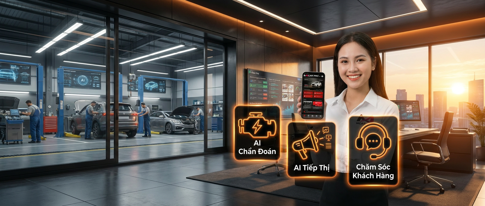Prompt: A futuristic automotive garage office. A professional female advisor (Vietnamese style) smiling and holding a high-end smartphone showing the Mcar Pro App dashboard. Beside her, holographic floating icons representing AI Diagnostic, AI Marketing, and Customer Service. Warm sunrise orange and premium black lighting, cinematic detail, 8k resolution, shot on 35mm lens.