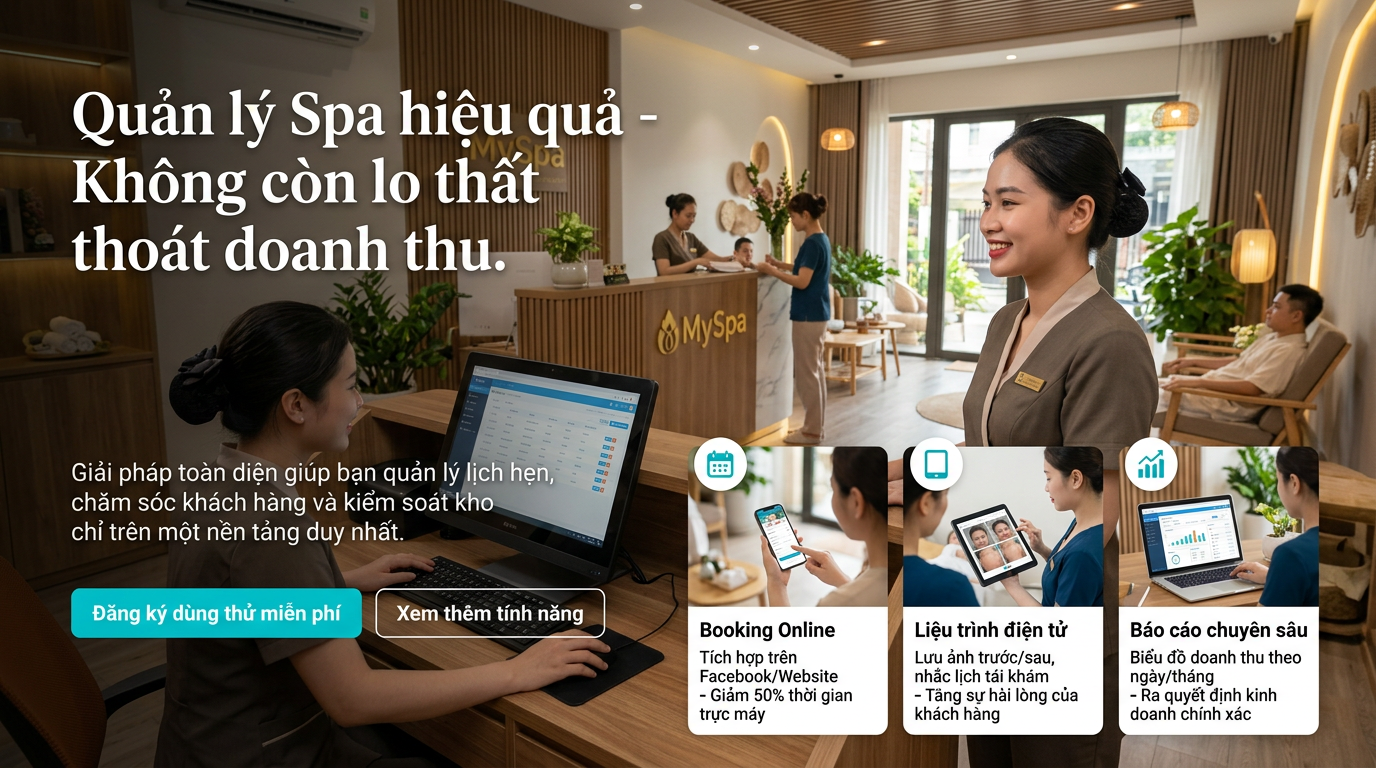 tạo ảnh pano web 
A. Hero Section
Heading: "Quản lý Spa hiệu quả - Không còn lo thất thoát doanh thu."
Sub-heading: "Giải pháp toàn diện giúp bạn quản lý lịch hẹn, chăm sóc khách hàng và kiểm soát kho chỉ trên một nền tảng duy nhất."
B. Tính năng chính (Features)
Tính năng	Mô tả chi tiết	Lợi ích
Booking Online	Tích hợp trên Facebook/Website	Giảm 50% thời gian trực máy
Liệu trình điện tử	Lưu ảnh trước/sau, nhắc lịch tái khám	Tăng sự hài lòng của khách hàng
Báo cáo chuyên sâu	Biểu đồ doanh thu theo ngày/tháng	Ra quyết định kinh doanh chính xác