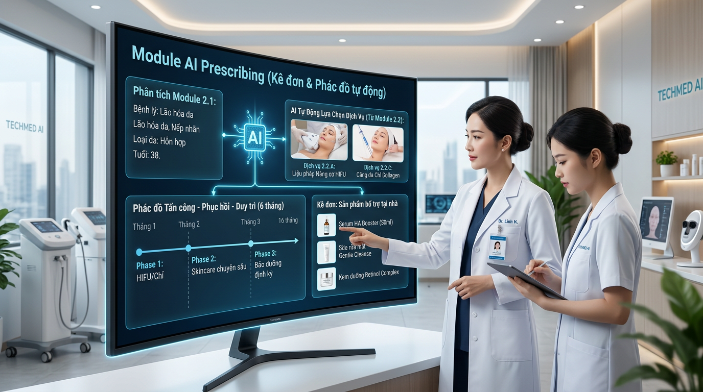 tạo ảnh pano web 
 Module AI Prescribing (Kê đơn & Phác đồ tự động)
Chức năng:
Dựa trên kết quả phân tích ở Module 2.1, AI tự động chọn các dịch vụ phù hợp từ Module 2.2.
Lập phác đồ: Chia theo giai đoạn (Tấn công - Phục hồi - Duy trì).
Kê đơn: Gợi ý các sản phẩm bổ trợ tại nhà để tăng hiệu quả.